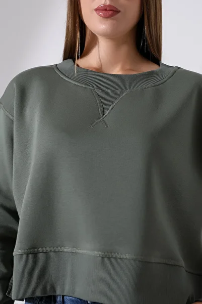 Endies Relax Relaxed Cut Side Slit Crew Neck Cotton Basic Women's Sweatshirt 21925 Khaki