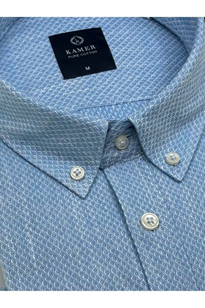 KAMER Men's Regular Fit Long Sleeve 100% Cotton Button Collar Patterned Light Blue Shirt 3807Ma