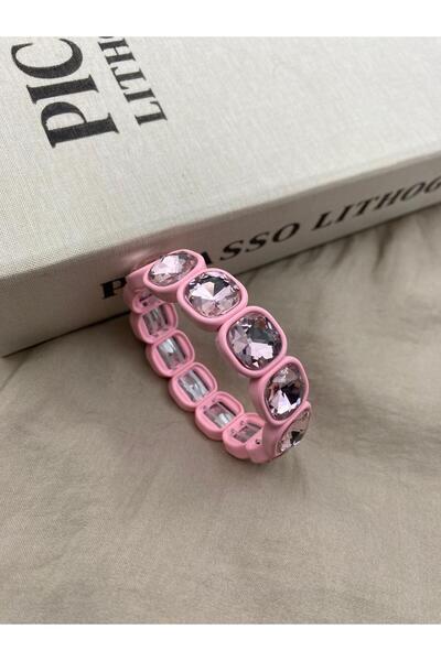 Hedef Bijuteri Pink Color, Silver Crystal Stone, Elastic, Baguette Model Bracelet