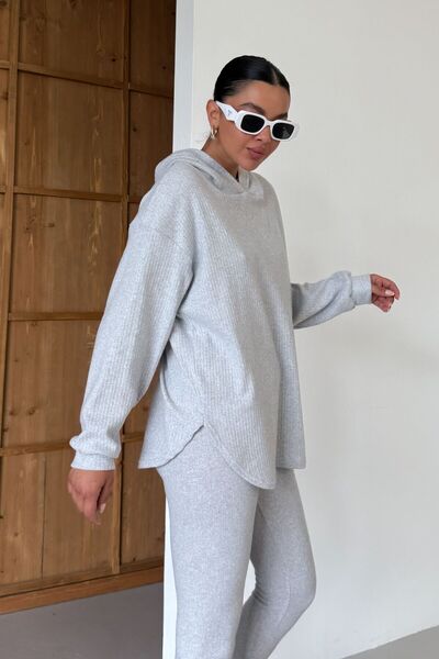 MODAGEN Women's Gray Hooded Ribbed Bottom-Top Leggings Interlock Suit