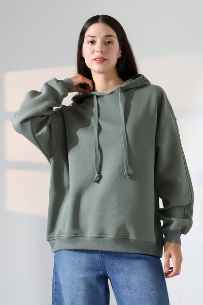 Endies Relaxed Fit Hooded Loose Oversize Wide Sleeves Basic Women's Sweatshirt 21966 Khaki