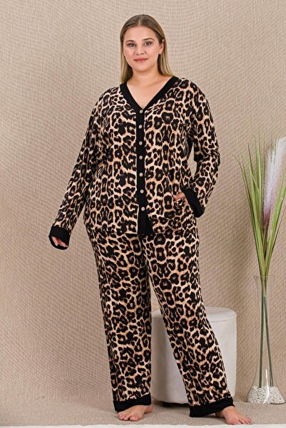 tarzımsüper Plus Size Premium Comfort Series Cotton Soft Texture Front Button Lace Luxury Pajamas Set