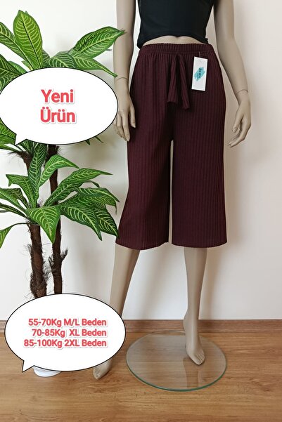 VİP BERA TEKSTİL Kadın Bordo Fitilli Çizgili Penye Pamuklu Bermuda Alt