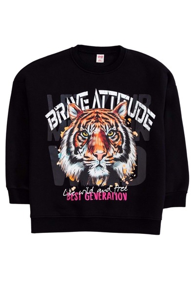 ww waka waka kids store Crew Neck Front Printed Sweatshirt - Black - 13-14 Years