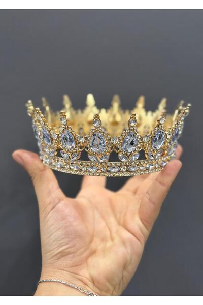 Adana Pasta Malzemeleri LÜX TAŞLI PASTA ÜSTÜ GELİN TAÇ CRW-1A-GOLD 12.5 CM