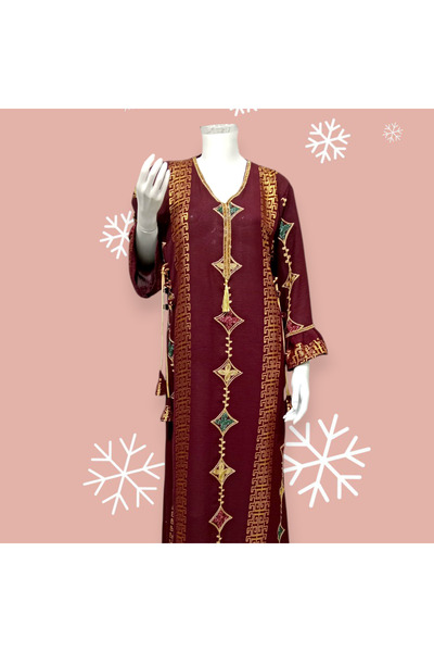 SERENE Comfortable embroidered jalabiya with a luxurious belt tie, decorated with lavish embroidery and colorful geometric shapes. Elegant design.