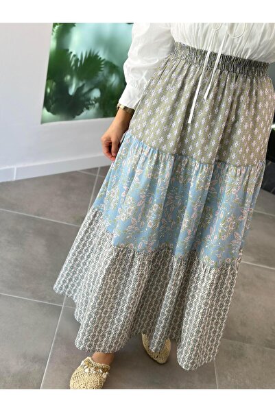 BÜRDE Beli Lastikli Desenli Mavi Renk Fırfırlı Kadın Etek