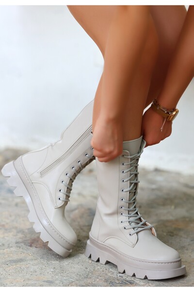 Zerenyus Toir Beige Lace-Up Winter Zippered Boots