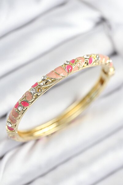 BESKAR Mineli Brass Zircon Stone Pink Flower Motif Gold Women's Handcuffs