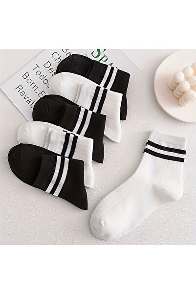 çorapmanya 5 Çift Derby Desenli Beyaz Unisex Soket / Kolej Çorap
