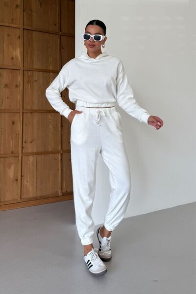 MODAGEN Women's White Hooded Elastic Waist Crop Pants Bottom-Top Set