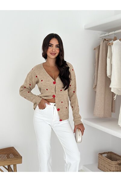 b buhari bykoc Soft Textured Heart Buttoned Cardigan