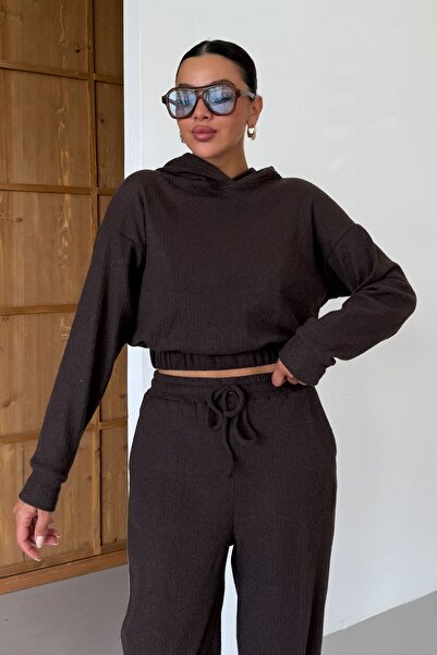 MODAGEN Kadın Kahverengi Kapüşonlu Beli Lastikli Crop Pantolon Alt-Üst Takım