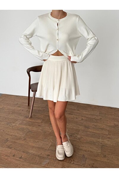 yeditepe fashion Gold Button Sleeve Slit Knitwear Cardigan White