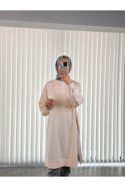 İkoll Renk Baskılı Kapüşonlu Bej Renk Kadın Sweatshirt