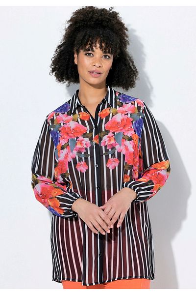 Şans Women's Plus Size Black-And-White Striped, Sleeve Mouth Elastic A-Line Flower Pattern Chiffon Shirt 65N39101