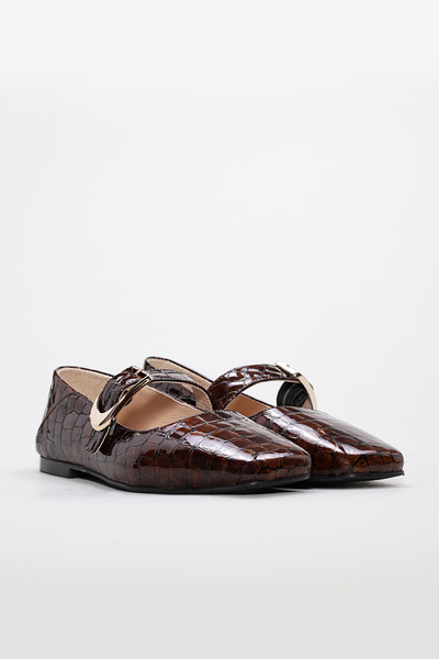 Ayakkabıhane Inside and Outside Genuine Crocodile Patent Leather Brown Women's Ballerina Shoes Ah082102619862