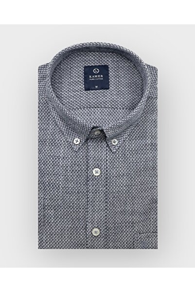 KAMER ERKEK REGULAR FIT UZUN KOL %100 PAMUK DÜĞMELİ YAKA DESENLİ FÜME GÖMLEK 3807F