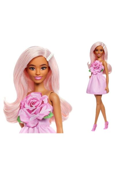 OEM Модна кукла, розова рокля, апликация с цветя, дълга розова коса