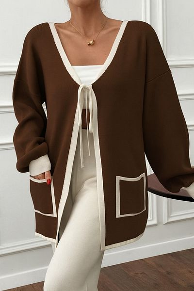 NATUFIAN STORE Women's Tie-Up Knitwear Long Cardigan - Pants Bottom-Top Set
