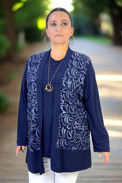 yagmurberen Front Part Transparent Tulle with Pul Paillettes Embroidery Buzzy Fabric Shawl Collar Jacket Short Sleeve T-Shirt Double Set