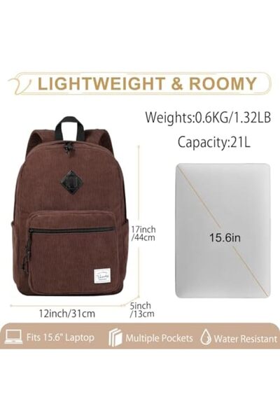 VASCHY Corduroy Backpack for Men Women, Casual Cute Fleece School Bag 15.6 inch Lightweight Daypack