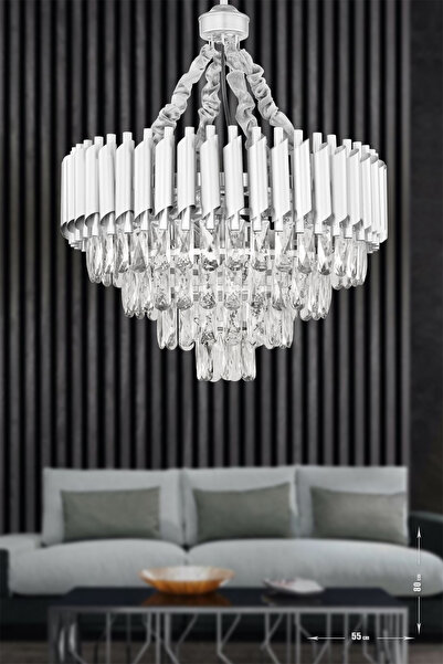 Avizemoda Palmira 55 cm'lik Prizma Kesim Kristal Taşlı Lüks Yemek Masası Üstü Avize - Silver renk