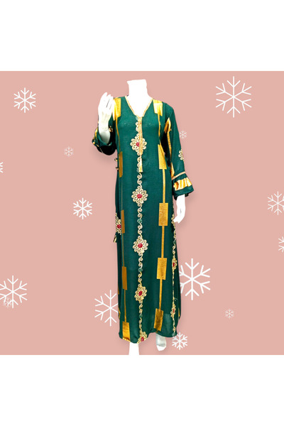 SERENE Comfortable embroidered jalabiya with a luxurious belt tie, decorated with lavish embroidery and colorful geometric shapes. Elegant design.