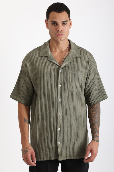 EGHO Thick Braided Twill Fabric with Tumbled Effect Apaş Collar Men's Short Sleeve Shirt