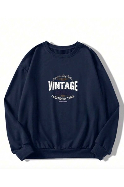 BYMEER Navy Blue Vintage Printed Crew Neck Sweatshirt