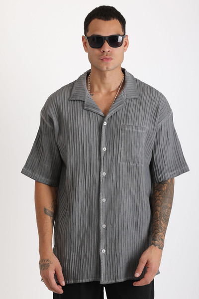EGHO Thick Braided Twill Fabric with Tumbled Effect Apaş Collar Men's Short Sleeve Shirt