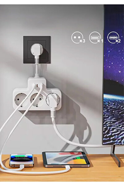 EXENAR Çoklu Kablolu Priz -Priz Çoğaltıcı-Priz Dönüştürücü 1USB - 2Type-C Girişli Yüksek Akım Korumalı Fiş