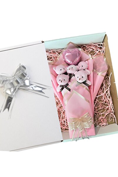 Solemia Big 90 cm Peluş Ayı ve LED Işıklı Pembe Balonlu Romantik Peluş Ayıcık Buketi Sevgili Hediye Seti