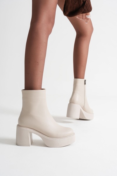 Zerenyus Katy Premium Women's Beige Block Heeled Boots