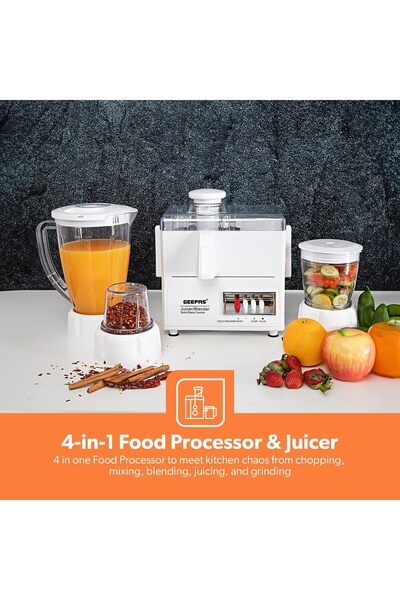 Geepas 4-in-1 Food Processor & Juicer - Multi-functional Smoothie Maker, Juicer, Chopper & Grinder