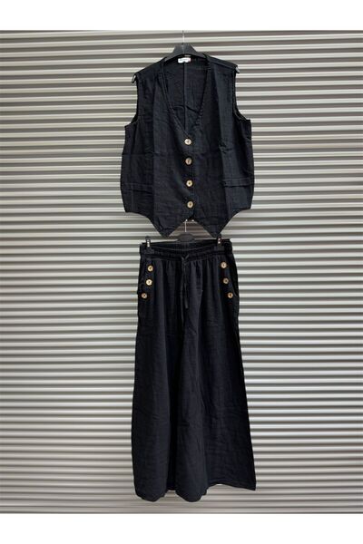 AGORATEKSTİL Women's Linen Cotton Buttoned Vest and Pants Suit