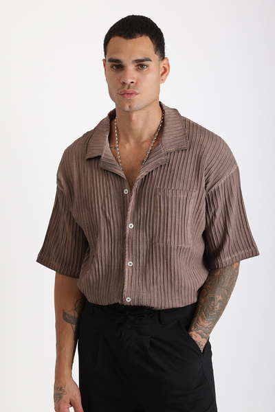 EGHO Thick Braided Twill Fabric with Tumbled Effect Apaş Collar Men's Short Sleeve Shirt
