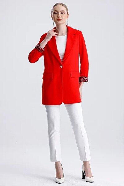 Lovely butik Women's Leopard Lining Detail One Button Regular Blazer Jacket