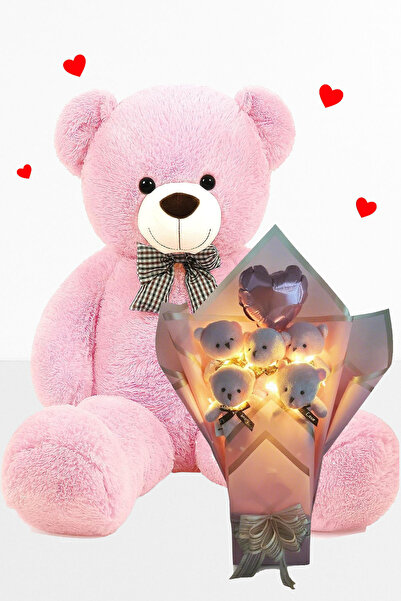 Solemia Big 90 cm Peluş Ayı ve LED Işıklı Pembe Balonlu Romantik Peluş Ayıcık Buketi Sevgili Hediye Seti