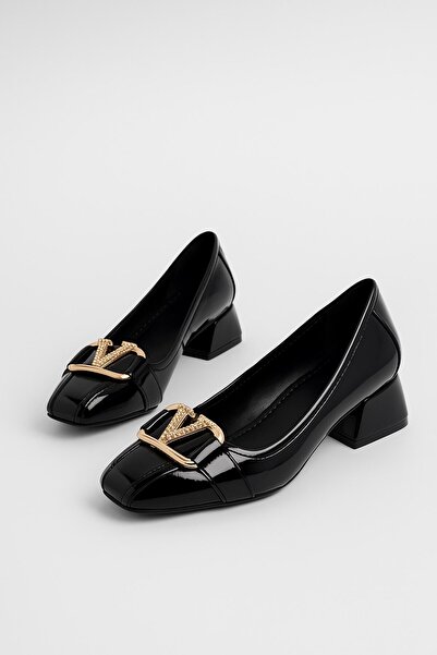 Nstil Daily Women's Black Patent Leather Loafer Heeled V Buckle and Stitching Detailed Blunt Toe Shoes 6001