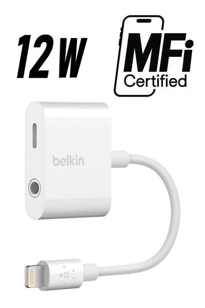 Belkin وظيفة مزدوجة للاستماع إلى صوت 3.5 مم والشحن في نفس الوقت. أبيض