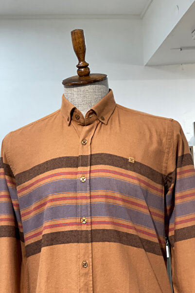 NAZEF Slim Fit Hidden Button Collar Side Striped Cotton Shirt