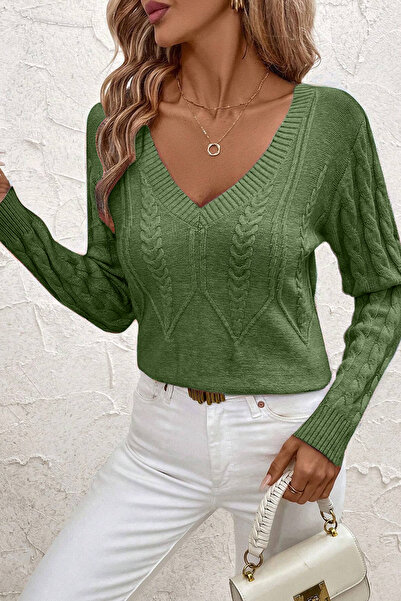 hanope Kadın Saç Örgülü V Yaka Mint Triko Kazak