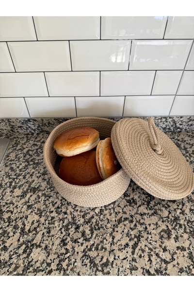 SİMEREV HALI HOME CONSEPT Beige Covered Basket Multi-Purpose Basket Bathroom and Kitchen Organizer Bread Potato Onion Pot Flower Pot