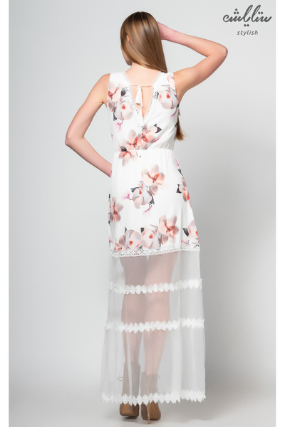 Stylish Elegant off-the-shoulder white maxi dress with chiffon floral print at the bottom for a charming look