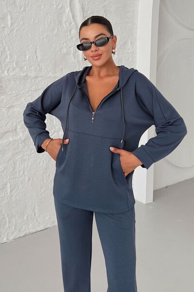 MODAGEN Women's Smoked Hooded Half Zip Kangaroo Pocket Bottom-Top Set