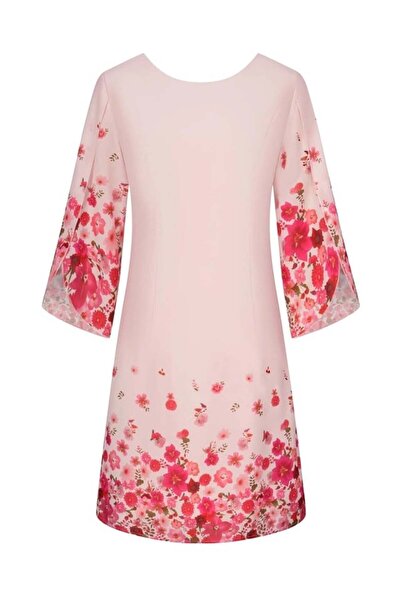 OEM Rochie elegantă până la genunchi, mulată, mâneci 3/4, roz cu flori, mărim...