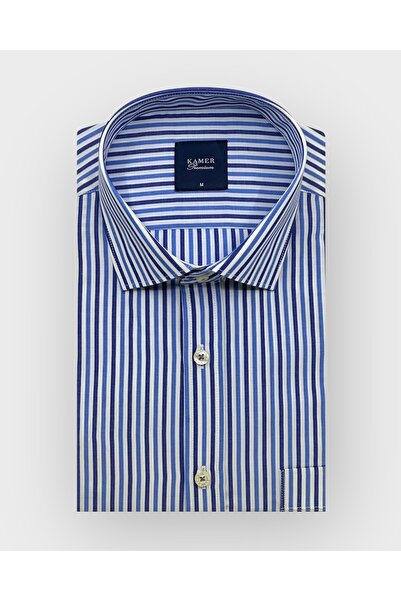 KAMER قميص رجالي بقصة عادية وأكمام طويلة وياقة كلاسيكية مخططة 3766Ç