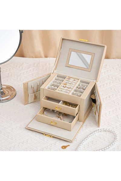 newnet Jewelry Box Mirrored 2-Drawer Makeup Table Top with Lock - Gold Jewelry-Jewelry Organizer Mdl-14