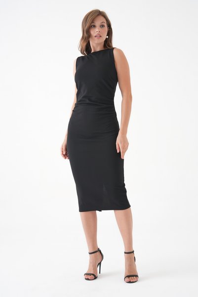 Secret Passion Lingerie Drape Detailed Midi Length Black Color Evening Dress 770
